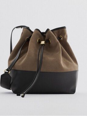 Zara Black and Tan Drawstring Bucket Bag